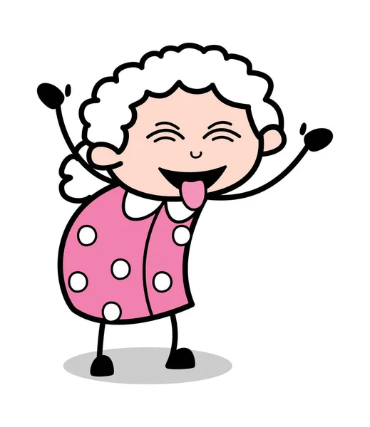 Teasing with Tongue - Old Cartoon Granny Vector Illustration — Stock Vector