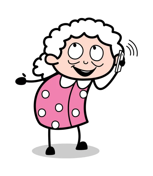 Praten op de telefoon-oude cartoon oma vector illustratie — Stockvector