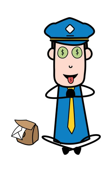 Hebzucht van geld-postman cartoon courier Guy vector illustratie — Stockvector