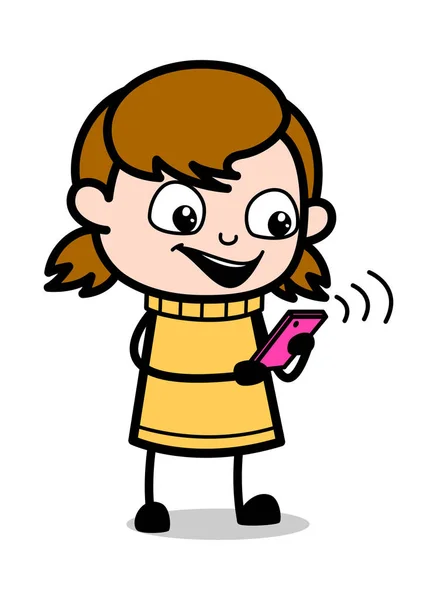 Utilizzando Wi-Fi - Retro Cartoon Girl Teen Vector Illustrazione — Vettoriale Stock