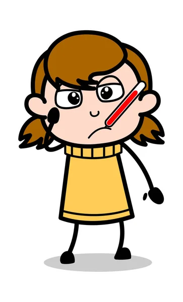 Teploměr v ústech-kreslená dívka v pubertě Ilustrati — Stockový vektor