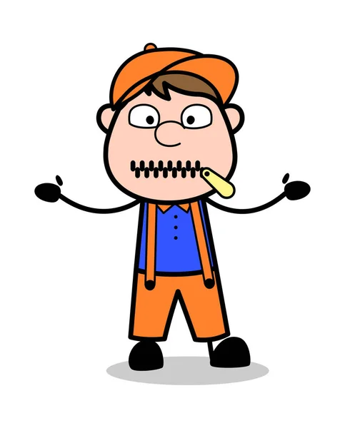 Zipped Mouth - Retro Cartoon Carpenter Worker Vector Illustratio - Stok Vektor