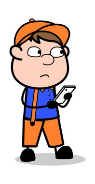 Mesajlaşma dan Önce Düşünme - Retro Karikatür Marangoz İşçi Vecto