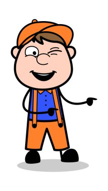 Göz kırpan ve işaret eden parmak - Retro Cartoon Marangoz İşçisi