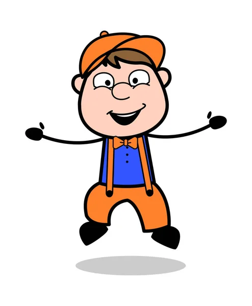 Jumping in Excitement - Retro Cartoon Carpenter Worker Vector Il — Stock Vector