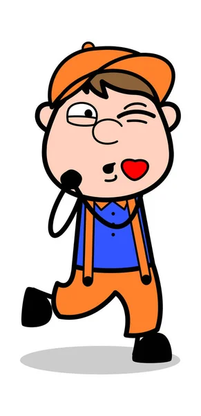 Flying Kiss - Retro Cartoon Carpenter Worker Vector Illustration - Stok Vektor