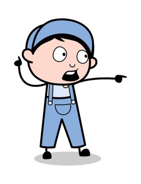 İşaret Parmağı ile Gösteriliyor - Retro Tamirci Karikatür İşçisi Vect