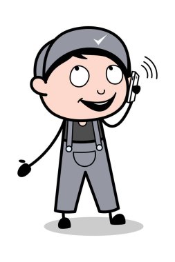 Telefonda Konuşmak - Retro Tamirci Karikatür İşçisi Vektör Illustr