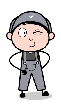 Göz Kırpan Yüz - Retro Tamirci Çizgi film İşçisi Vektör İllüstr