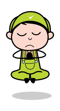 Yoga yapmak - Retro Tamirci Karikatür İşçi Vektör İllüstrasyon