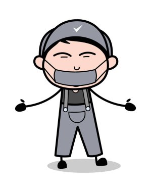 Yüzünde Tıbbi Maske - Retro Tamirci Karikatür İşçi Silik