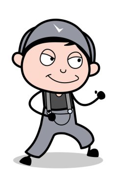 Yürürken Gülümseyen - Retro Tamirci Karikatür İşçiSi Vektör Il