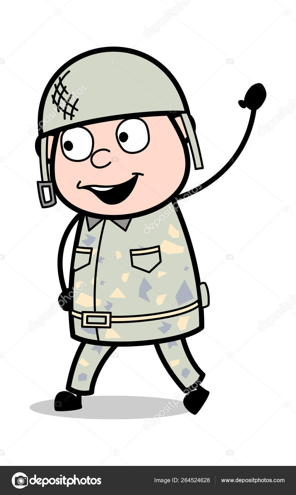 手を振るジェスチャー かわいい軍人漫画兵士ベクトルイラスト