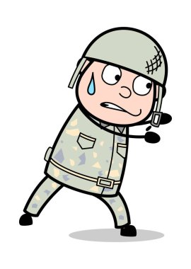 Zor İş Yapmak - Sevimli Ordu Adam Karikatür Soldier Vector Illustrat