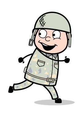 Koşu Poz - Sevimli Ordu Adam Karikatür Asker Vektör İllüstrasyon