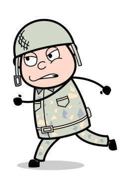 Koşu Poz - Sevimli Ordu Adam Karikatür Asker Vektör İllüstrasyon