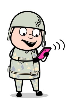 Mobil aracılığıyla İletişim - Sevimli Ordu Adam Karikatür Soldier Vec