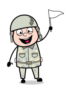 Bir Bayrak holding ve Gülümseyen - Sevimli Ordu Adam Karikatür Asker Vecto