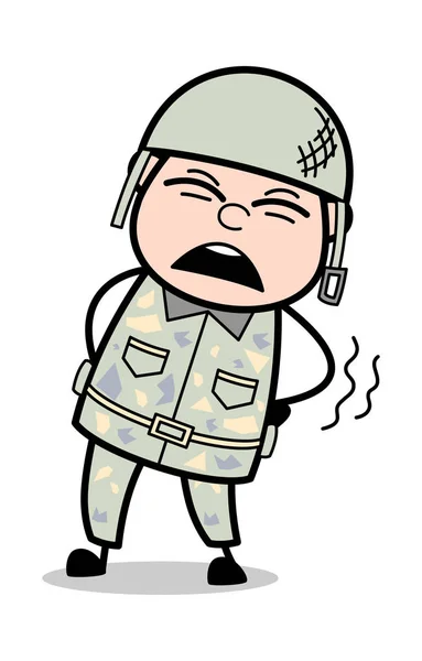 Rugpijn-cute Army man cartoon soldaat vector illustratie — Stockvector