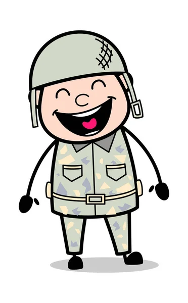 Смешное смеющееся лицо - Cute Army Man Cartoon Soldier Vector Illus — стоковый вектор