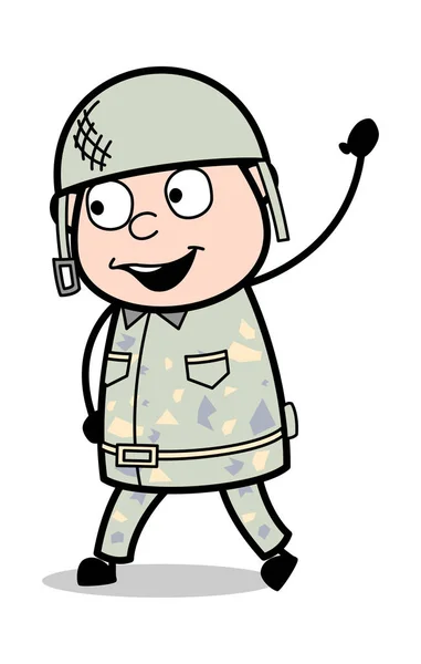 Mávající gesto-rozkošný armádní muž kreslený voják Vector Ilustrati — Stockový vektor