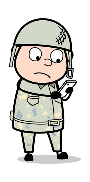 Chatta på mobil-söt armé man Cartoon Soldier Vector illust — Stock vektor