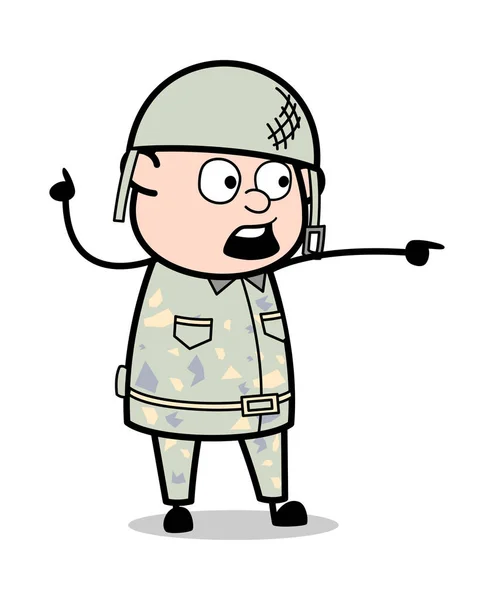 Εμφάνιση με δείχνοντας-χαριτωμένος στρατός άνθρωπος κινούμενα σχέδια στρατιώτη Illus — Διανυσματικό Αρχείο