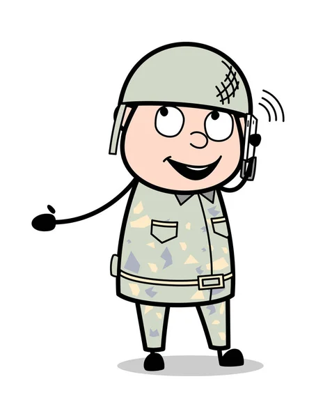 Att tala med vänner på samtal-söt armé man Cartoon Soldier ve — Stock vektor