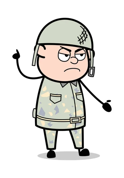 Rozzlobená diskuse-rozkošný armádní muž kreslený voják vektor ilustruje — Stockový vektor