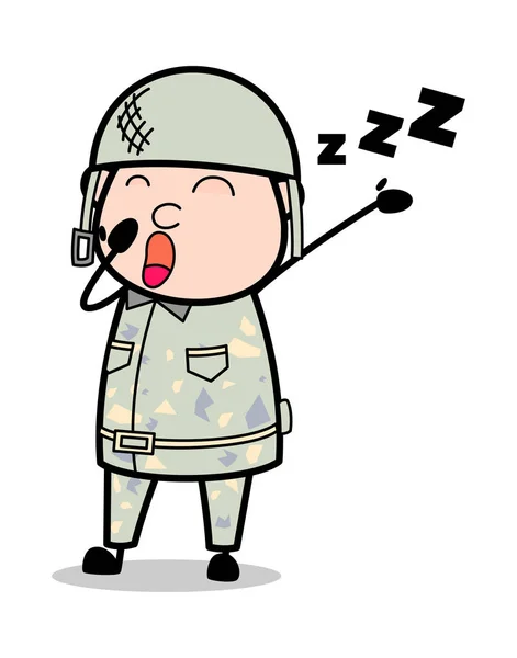 Bocejo - Ilustração de vetor de soldado dos desenhos animados do homem bonito do exército —  Vetores de Stock