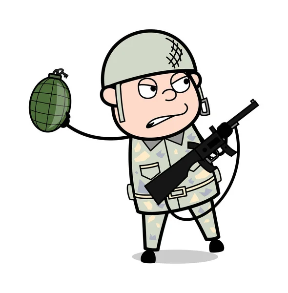 Katona dobás bomba-aranyos hadsereg ember Cartoon katona Vector ill — Stock Vector