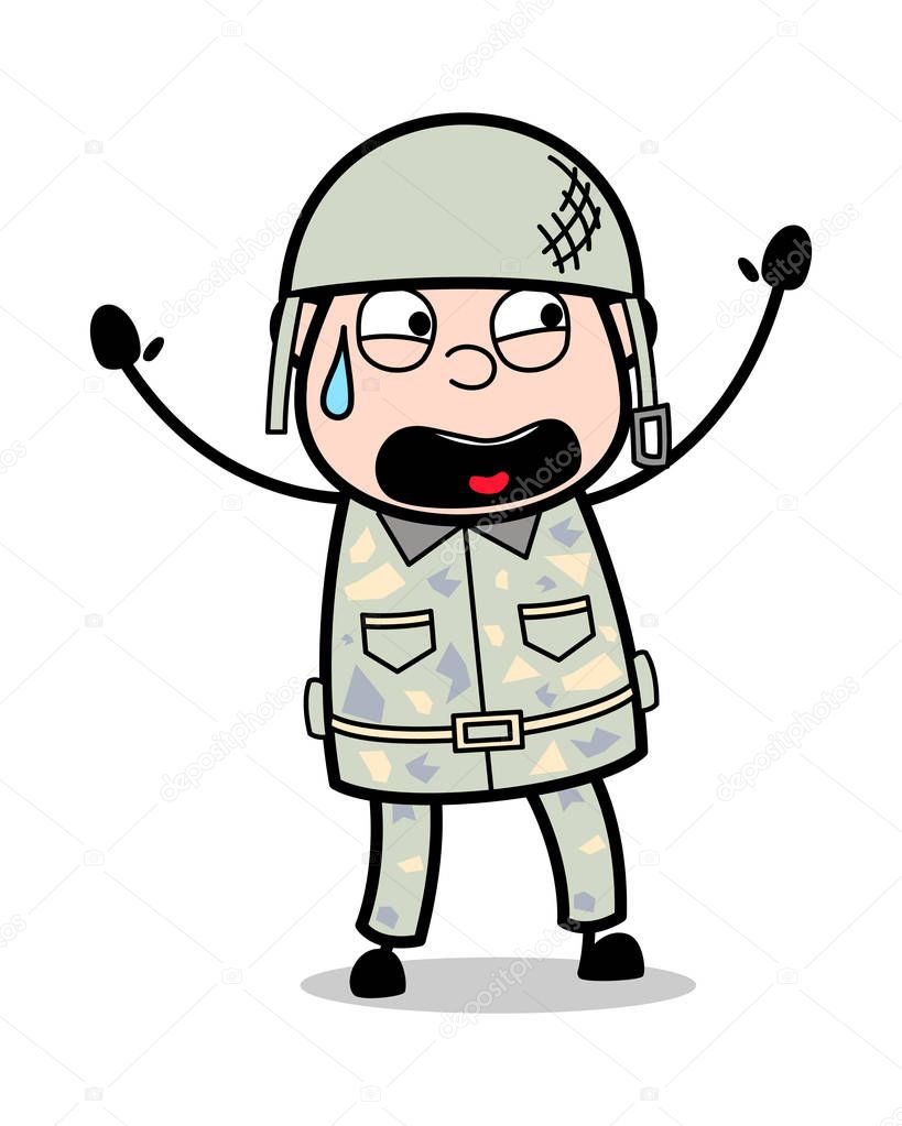 Groaning with Fear - Cute Army Man Cartoon Soldier Vector Illust