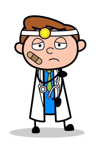 Triest gezicht met bandage op gezicht-professionele cartoon Doctor vecto — Stockvector