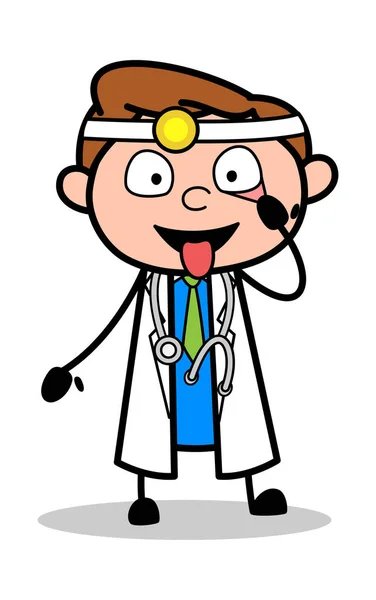 Mostrando língua e olhos - Profissional Cartoon Doctor Vector Ill — Vetor de Stock