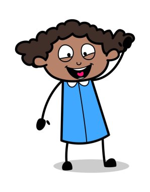 Joyful Waving El - Retro Siyah Ofis Kız Karikatür Vektör Illu
