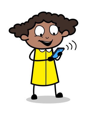 Smartphone ile meşgul - Retro Siyah Ofis Kız Karikatür Vektör Il