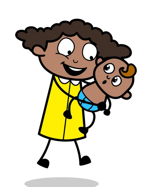 赤ちゃんと遊ぶ - レトロブラックオフィスガール漫画ベクトルイルス — ストックベクタ