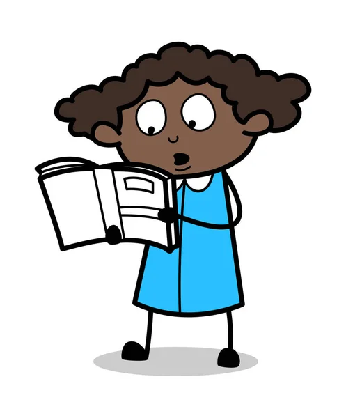 Bücher lesen - retro schwarze Büromädchen Cartoon Vektor illustrieren — Stockvektor