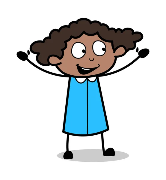 Levantando las manos con alegría - Retro Black Office Girl Vector de dibujos animados — Archivo Imágenes Vectoriales