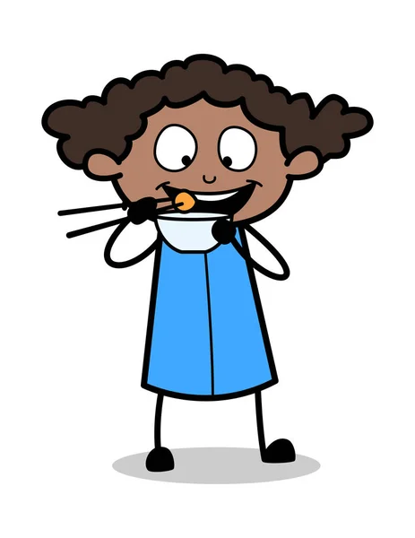 Питание едой: карикатура на чернокожую офисную девушку Ретро — стоковый вектор