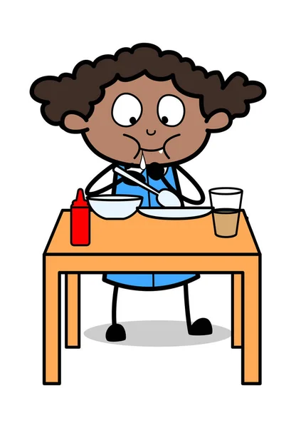 Breakfast - Retro Black Office Girl Cartoon Vector Illustration — Stock Vector