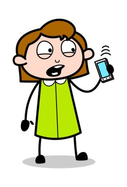 Kablosuz Talking - Retro Office Girl Çalışan Karikatür Vektör 