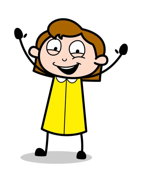 Joyful Raising Hands - Retro Office Kız Çalışan Karikatür Vektör