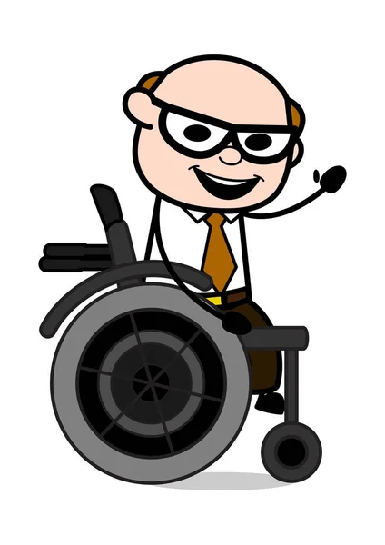 Saying Hi frm Wheel Chair - Retro Cartoon Father Old Boss Vector — Stock Vector
