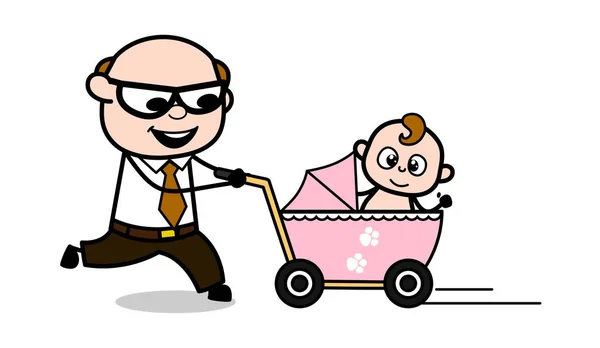 Brincando com Baby Kid - Retro Cartoon Pai Velho Chefe Vector Ill — Vetor de Stock