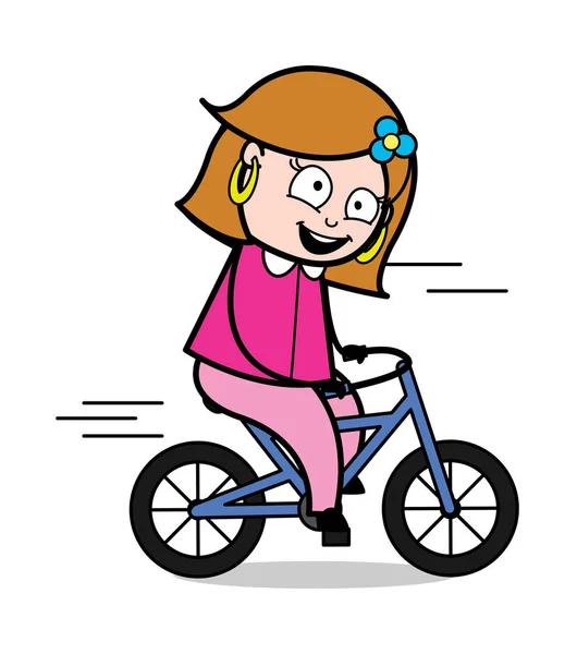 Ciclismo - Dibujos animados retro ama de casa femenina Mamá Vector Ilustración — Vector de stock