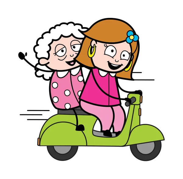 驾驶滑板车与老太太 - 复古卡通女家庭主妇 — 图库矢量图片