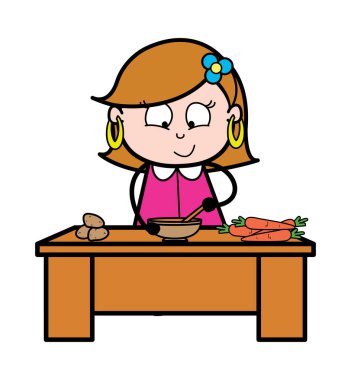 Yemek Hazırlama - Retro Karikatür Kadın Ev Hanımı Anne Vektör Illus