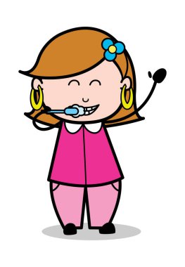 Diş Temizliği - Retro Karikatür Kadın Ev Hanımı Anne Vektör Illus
