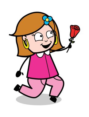 Bir Gül Sunan - Retro Karikatür Kadın Ev Hanımı Anne Vektör Il